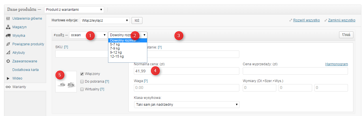 Ustawienia wariantów produktów